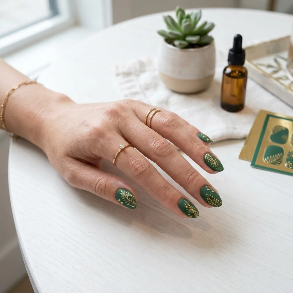 Matowy manicure w kolorze butelkowej zieleni ze złotym wzorem liścia paproci