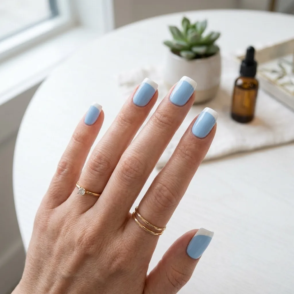 Błękitny manicure typu french z mlecznobiałym paskiem na końcach kwadratowych paznokci